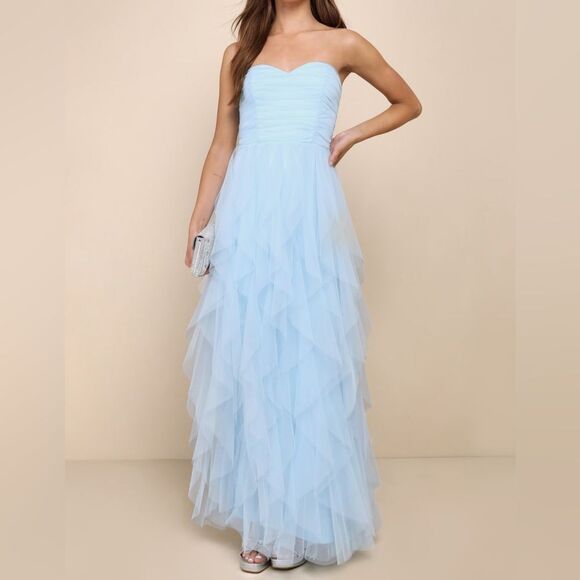 NWT Lulus Delightful Beauty Blue Mesh Strapless Ruched Ruffled Maxi Dress Size L - Picture 2 of 12